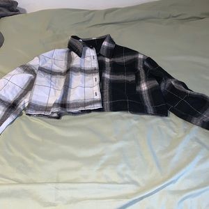 Cropped Black and White Plaid Striped Button Up Sweater